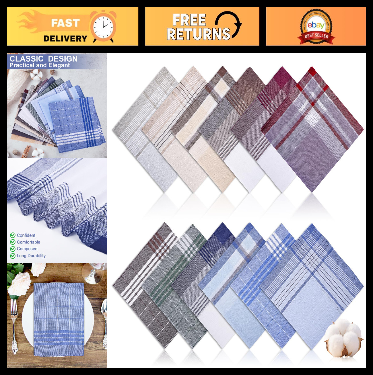 12 PCS Cotton Handkerchiefs for Men, 16×16 Inch Classic Pocket Squares, Checkere