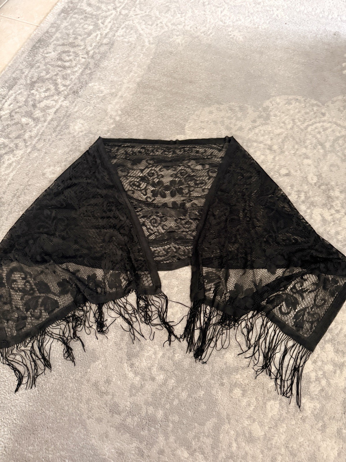 Black Floral Lace Wrap Scarf Shawl with Tassels Multifunctional