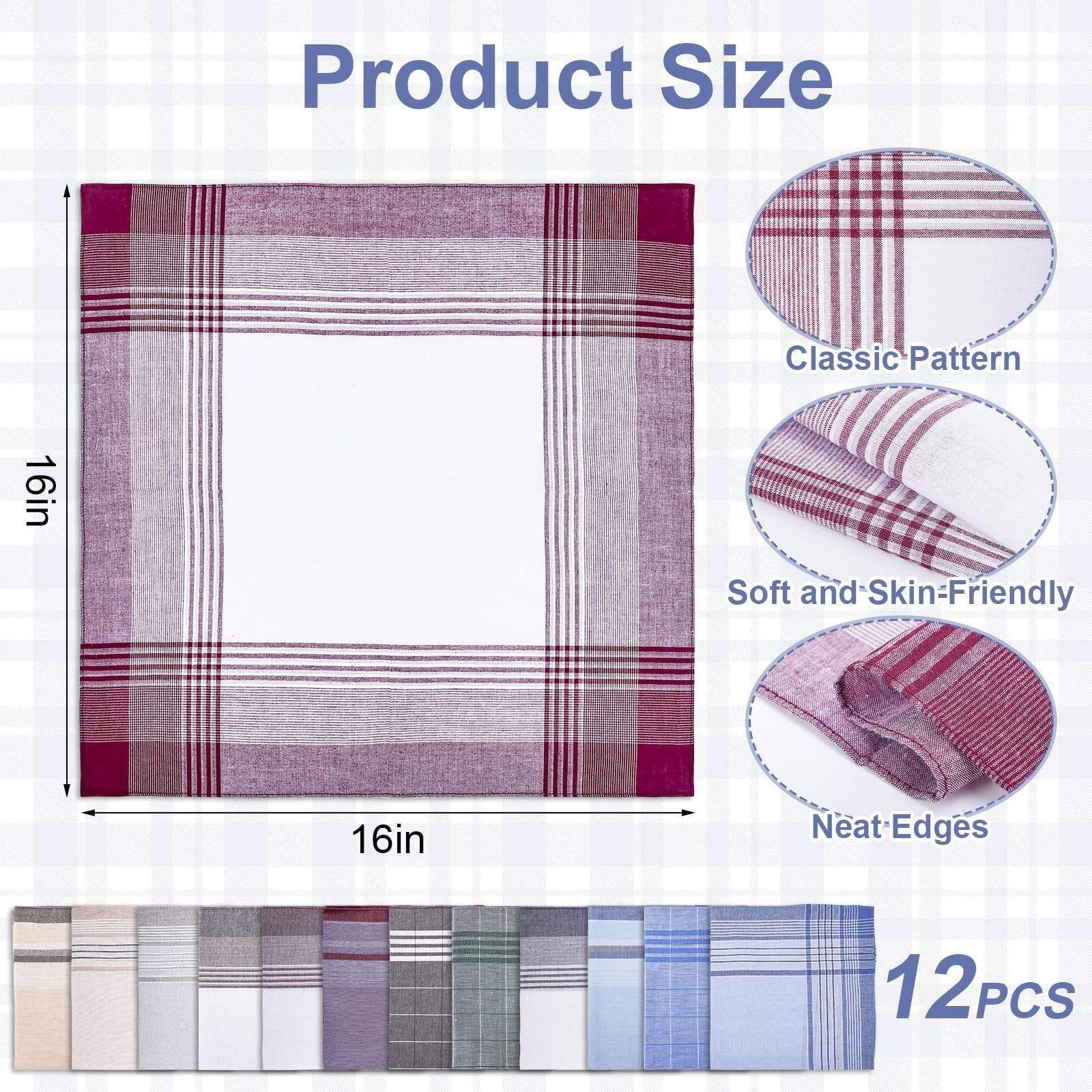 12 PCS Cotton Handkerchiefs for Men, 16×16 Inch Classic Pocket Squares, Checkere