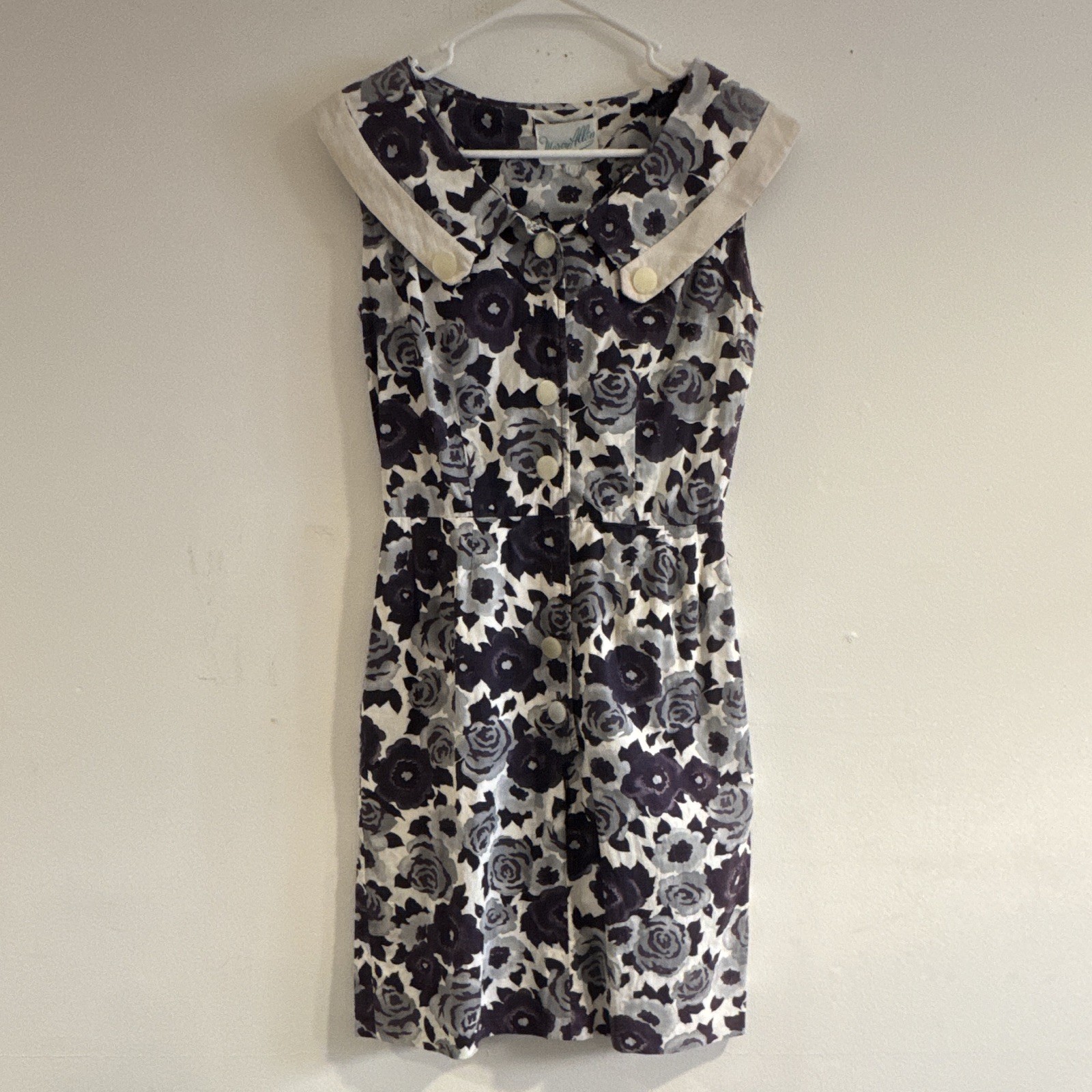 Marcy Allen Women’s M White Purple Gray Floral Cotton Dress Bow Button