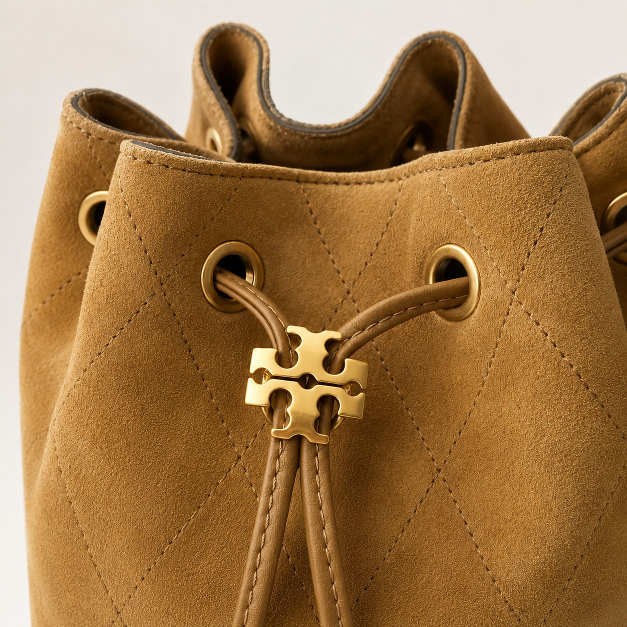 Authentic Tory Burch Charlie Quilted Toffee Suede Drawstring Bag Wild Tabacco