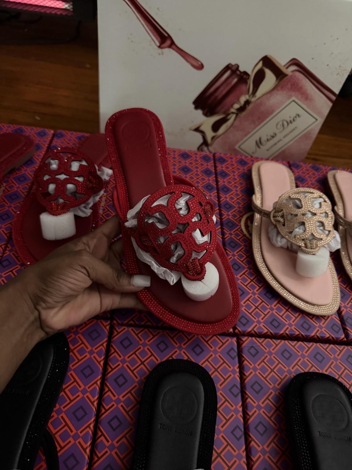 Tory Burch Rhinestone Thong Slip-On Sandals Black Red Beige Breathable Women