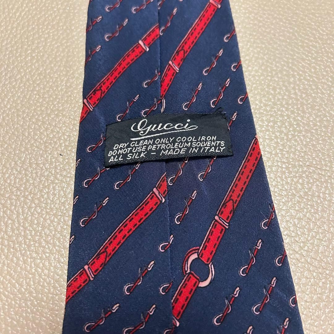 GUCCI GG Stripe Dot Check Silk Necktie Navy 9.7cm Tip Width Pre-owned