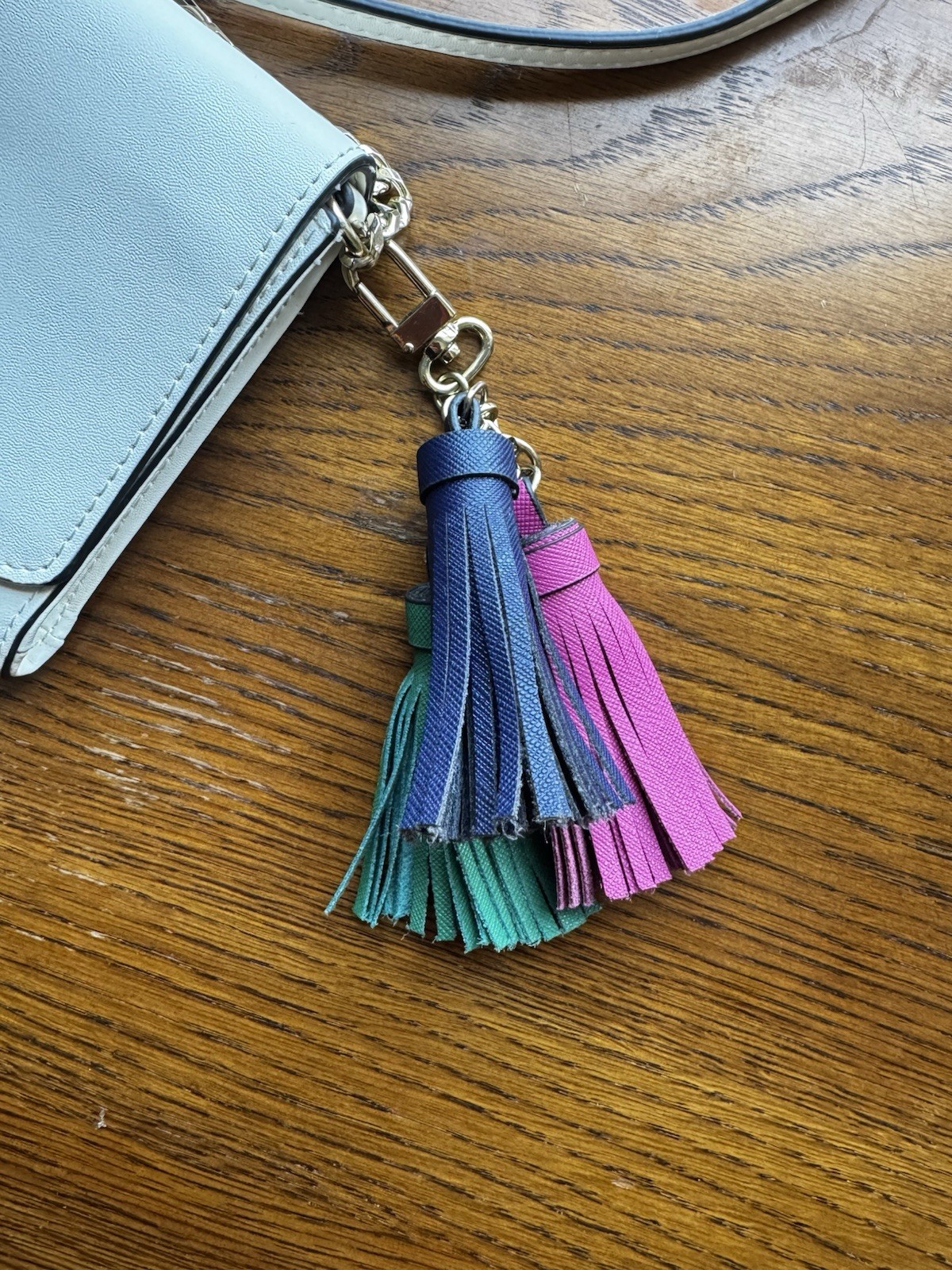 Crown & Ivy White Shoulder Purse Gold Hardware, Pink Blue Green Tassel Charm Bag