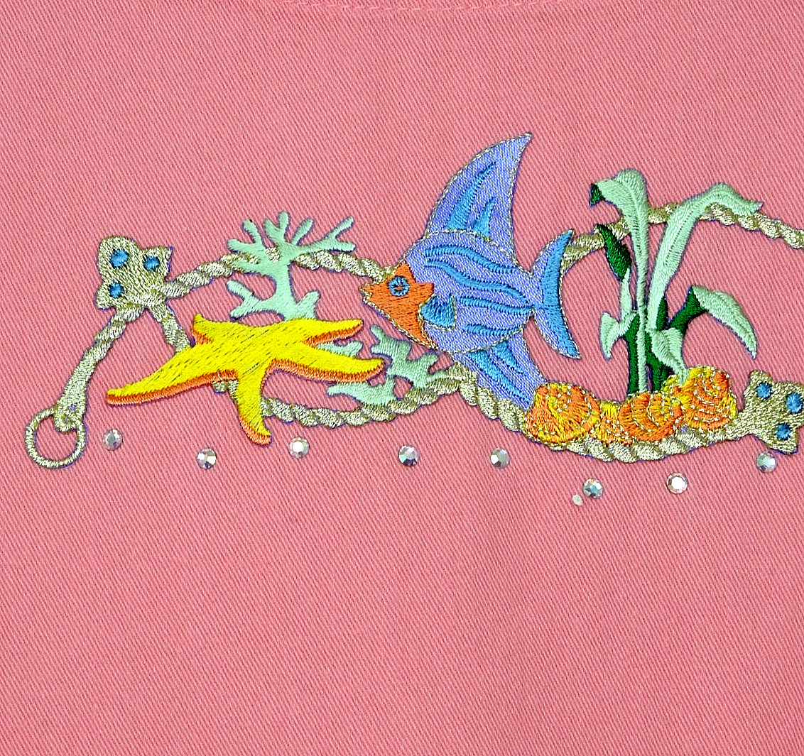 TIA Designs Pompano Beach Sz XL L Peachy Pink Dress Tunic Fish Applique Cotton