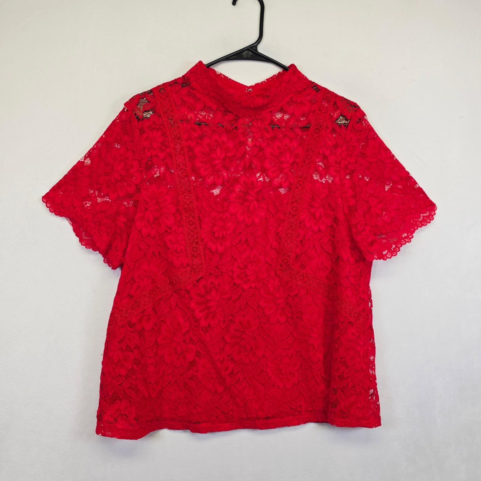Laundry Shelli Segal Lace Blouse Womens L Red Romantic Overlay Cami Coquette