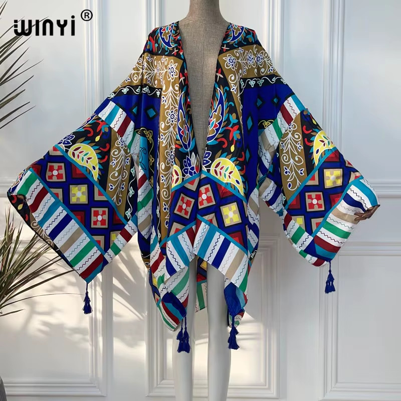 Red Africa Dress Women Cardigan Silky Robe Kimono Dress Cruise Wear Beach Dress