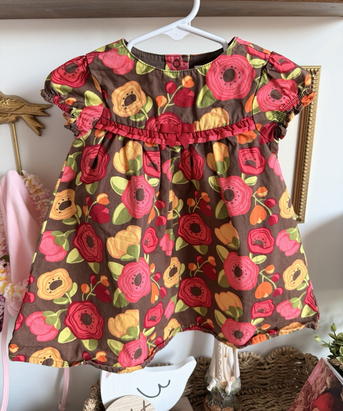 Gymboree 9-12M Girls Floral A-Line Knee Dress Puff Sleeve Button Ruffle Bow