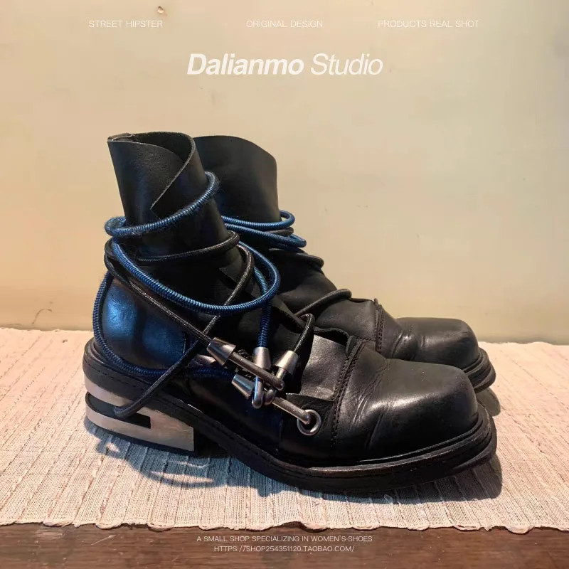 Men’s Motorcycle Boots Metal Chunky Heel Mid-Calf Round Toe Western Boots Couple