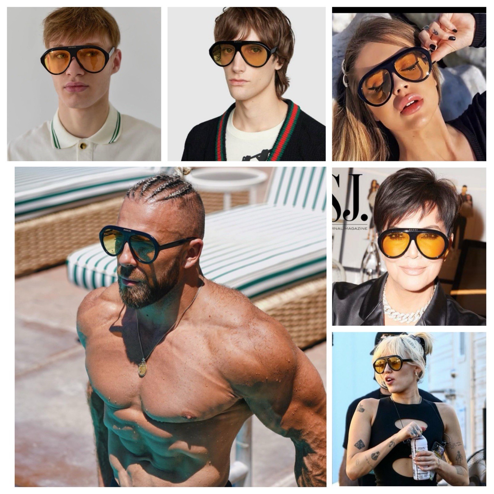 Gucci GG0479S Unisex Aviator Acetate Sunglasses Black Yellow Men And Women
