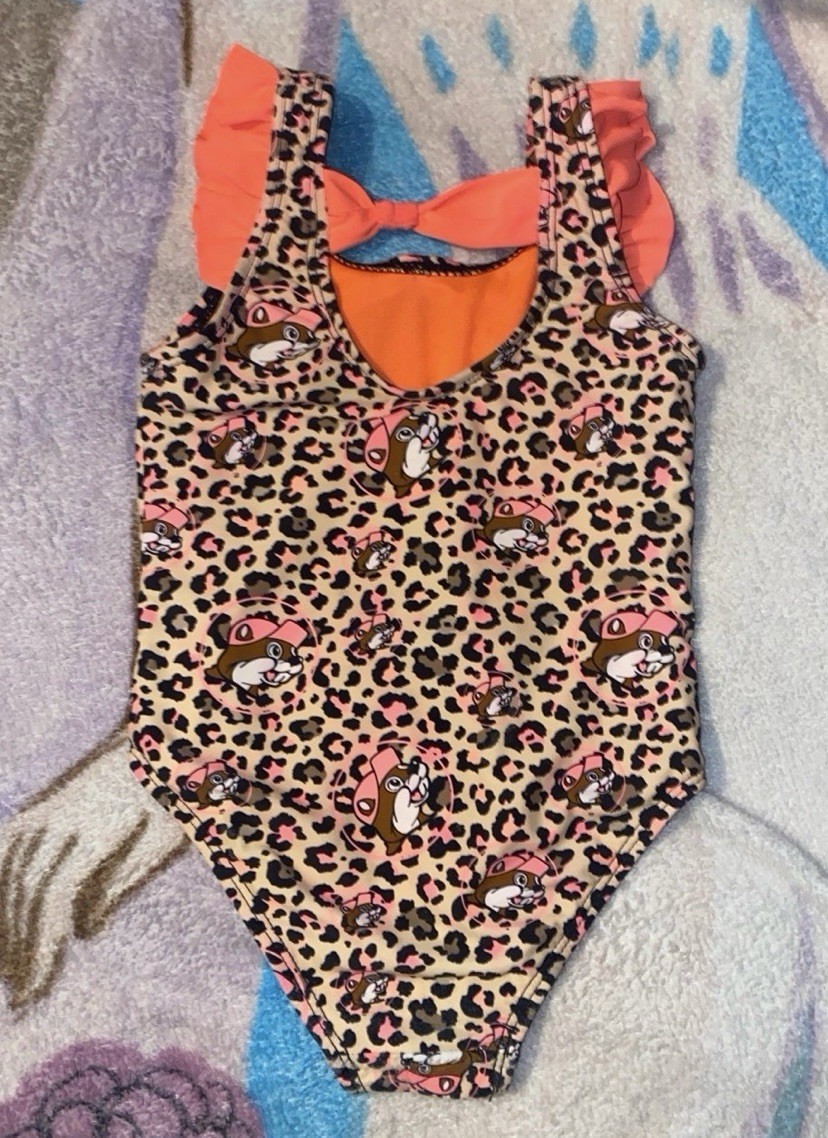 Buc-ee’s All Over Print Bucees Beaver Cheetah One Piece Swimsuit Size 2t