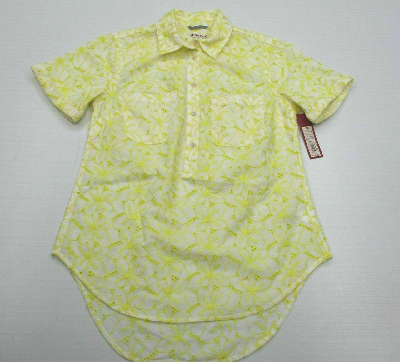 new MERONA #T8223 Women’s Size XS 100% Cotton Floral Tropical Yellow Dress Shirt