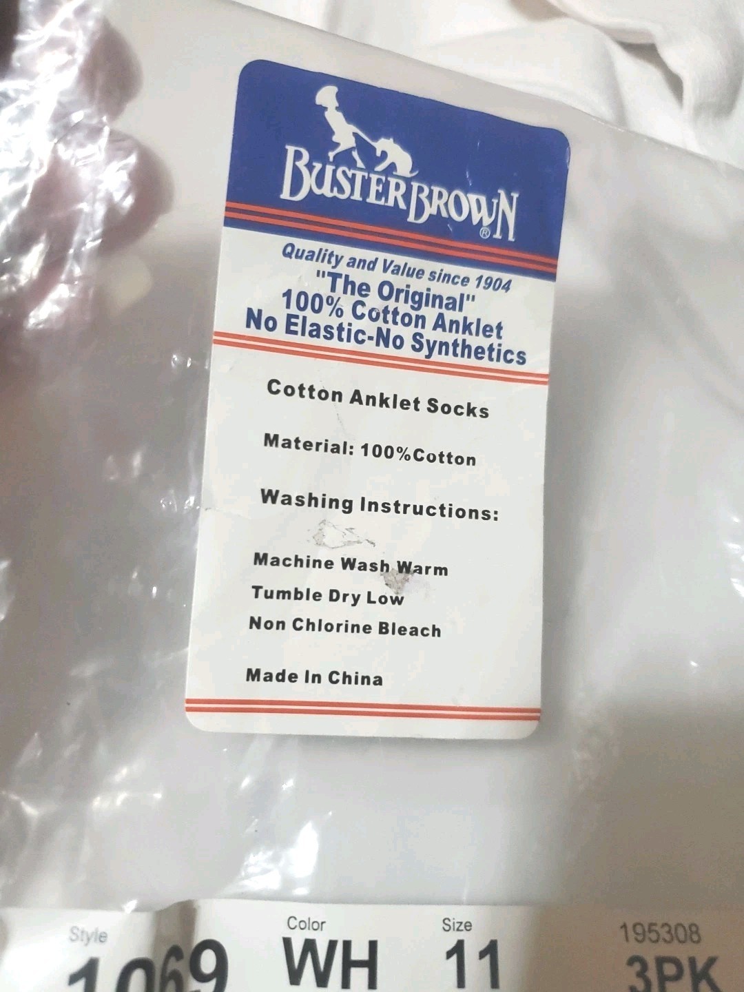 3 Pr Buster Brown 100% Cotton Anklet Socks Sz 11 XL Style 1069 White No Elastic