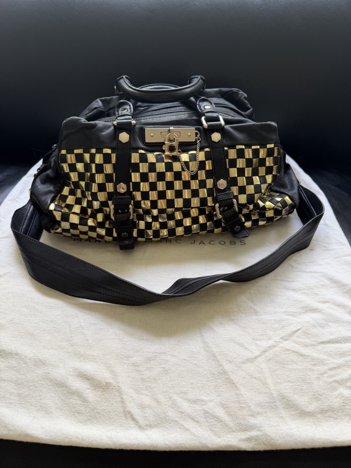 Vintage Marc by Marc Jacobs Metal Check Groovee Woven Black Gold Y2K OG Dustbag