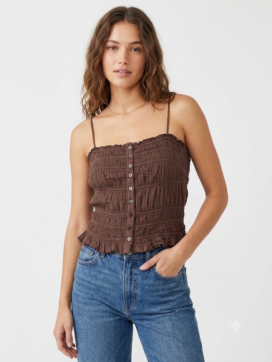 FP One Brown Solid Square Neck Smocked Button Ruffle Knit Cotton Cami Tank S