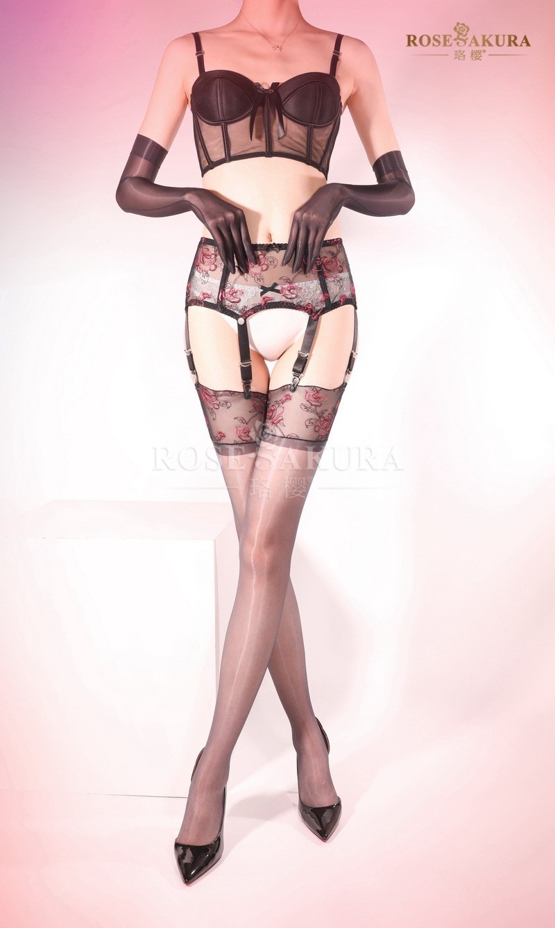 Rose Sakura Embroidered 6 Strap Vintage Garter Belts Thigh-High Stocking 8418