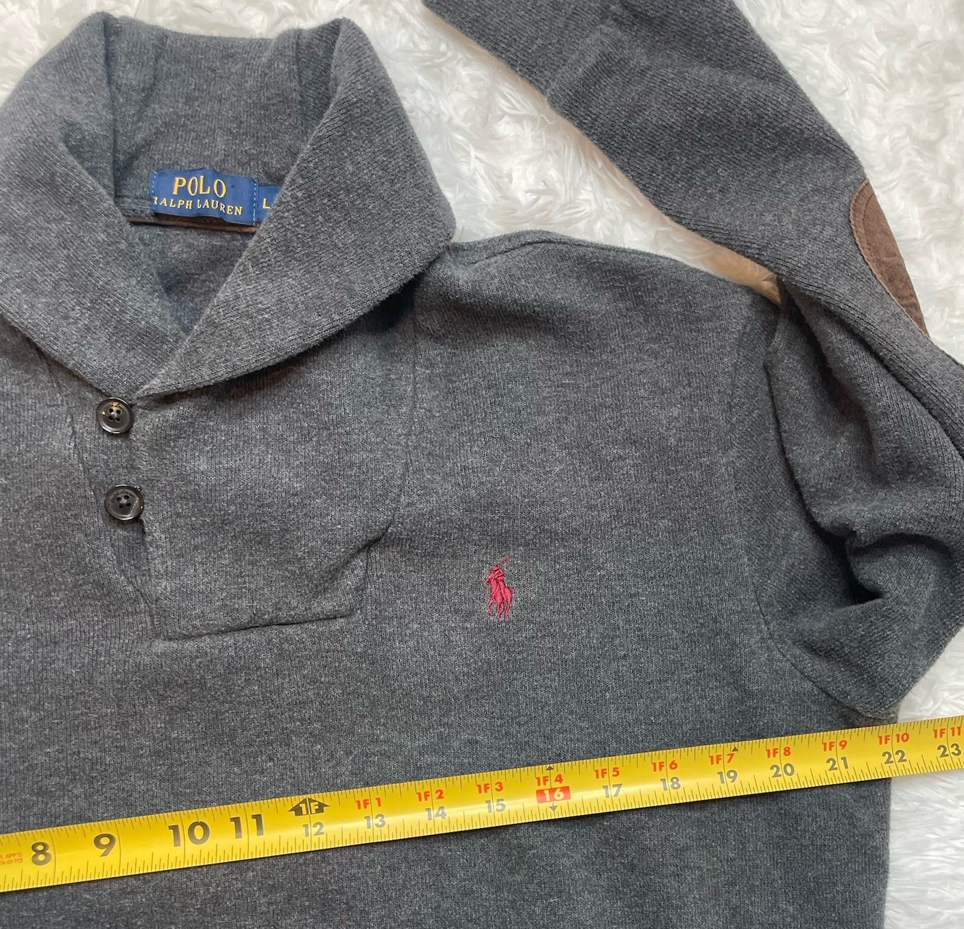 Polo Ralph Lauren Mens Size Large Shawl Neck Fisherman Sweater Gray Elbow Patch
