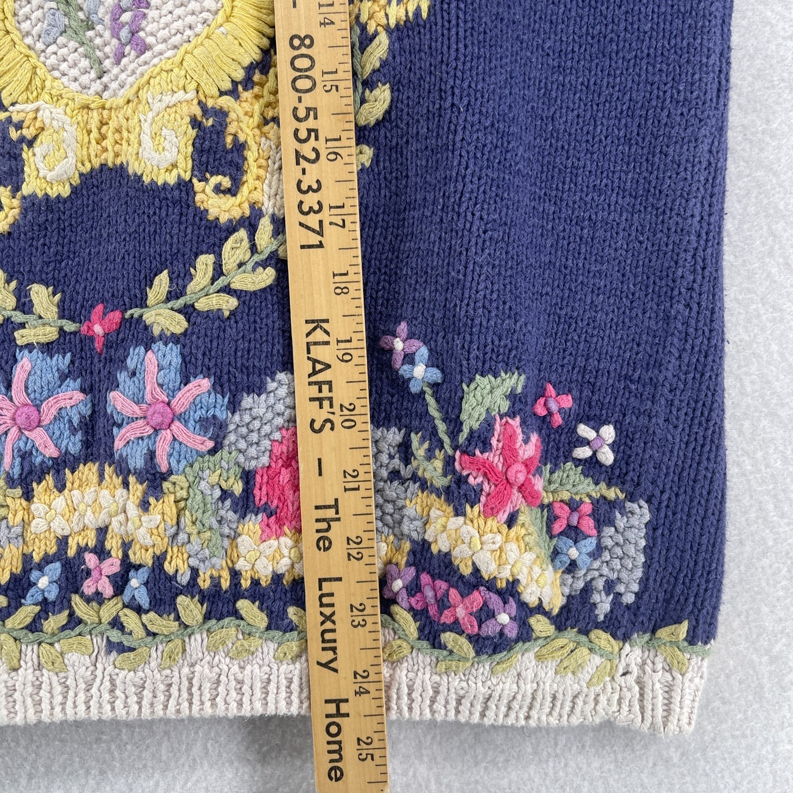 JENNIFER REED Sweater S Cottagecore Floral 80s Handknit Ramie Cotton Blue HK VTG
