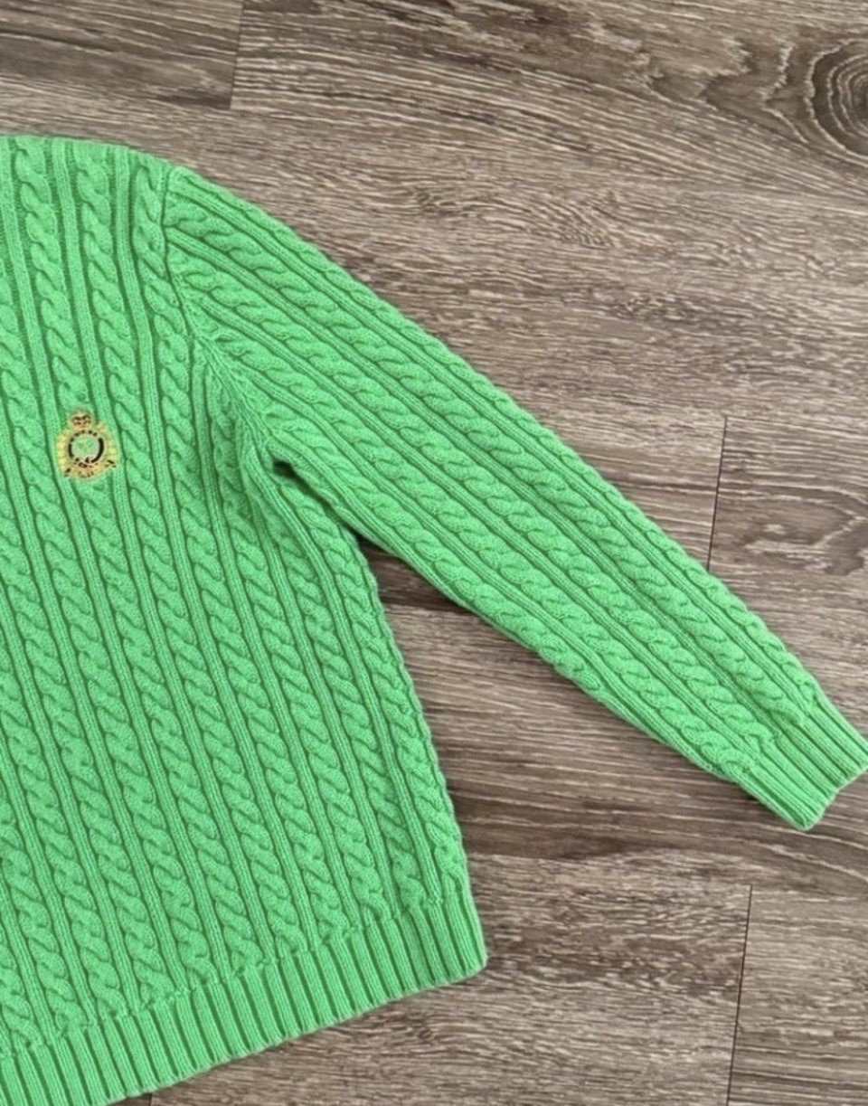 Lauren Ralph Lauren Green Cable-Knit Crew Neck Pullover Cotton Raglan S