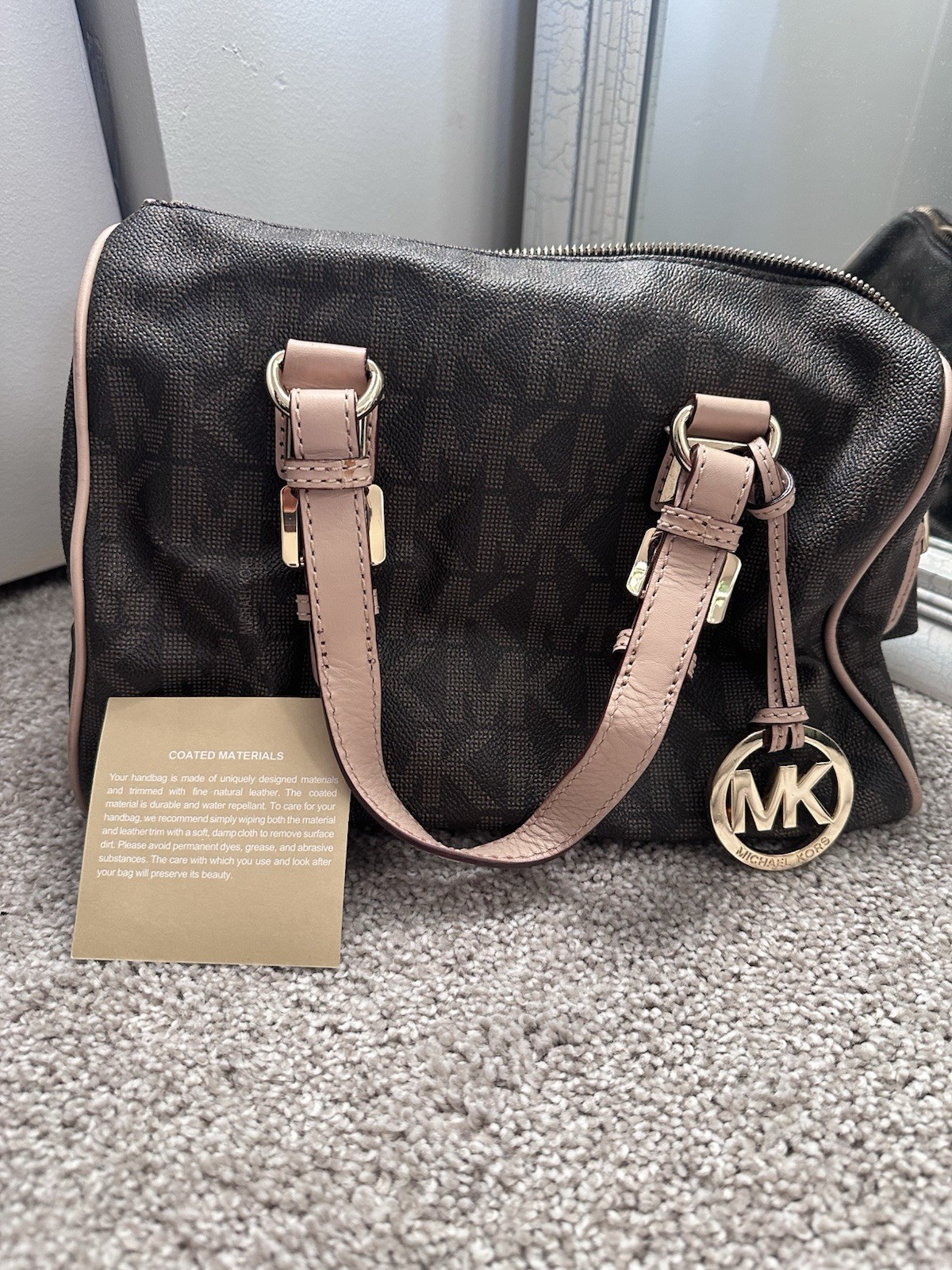 Michael Kors Medium Satchel Top Handle Bag Brown MK Logo Pink Handles Zip Gold