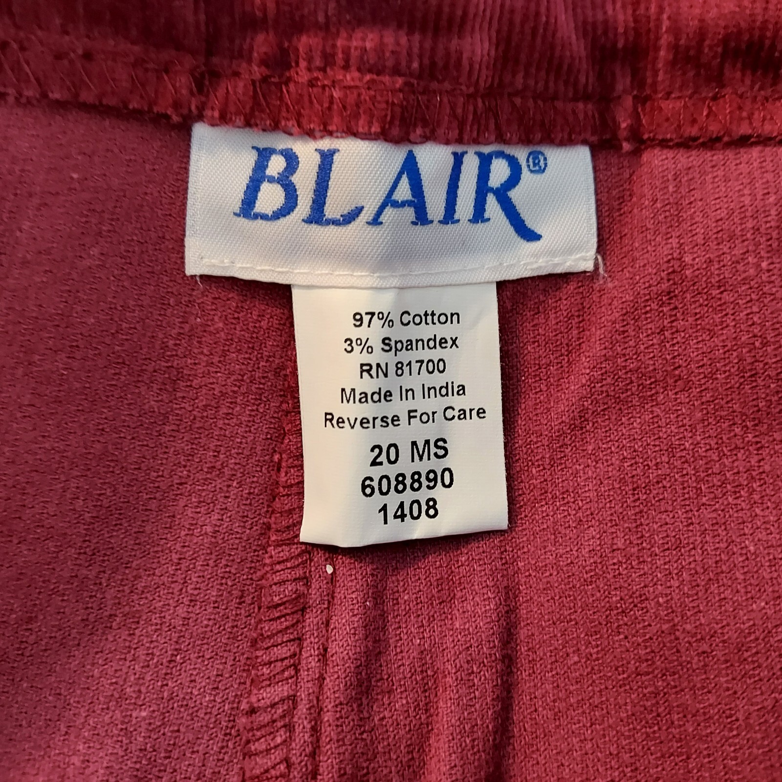 Blair Pants Burgundy Corduroy Stretch Women Size 20 Zipper Front Pockets 38×30