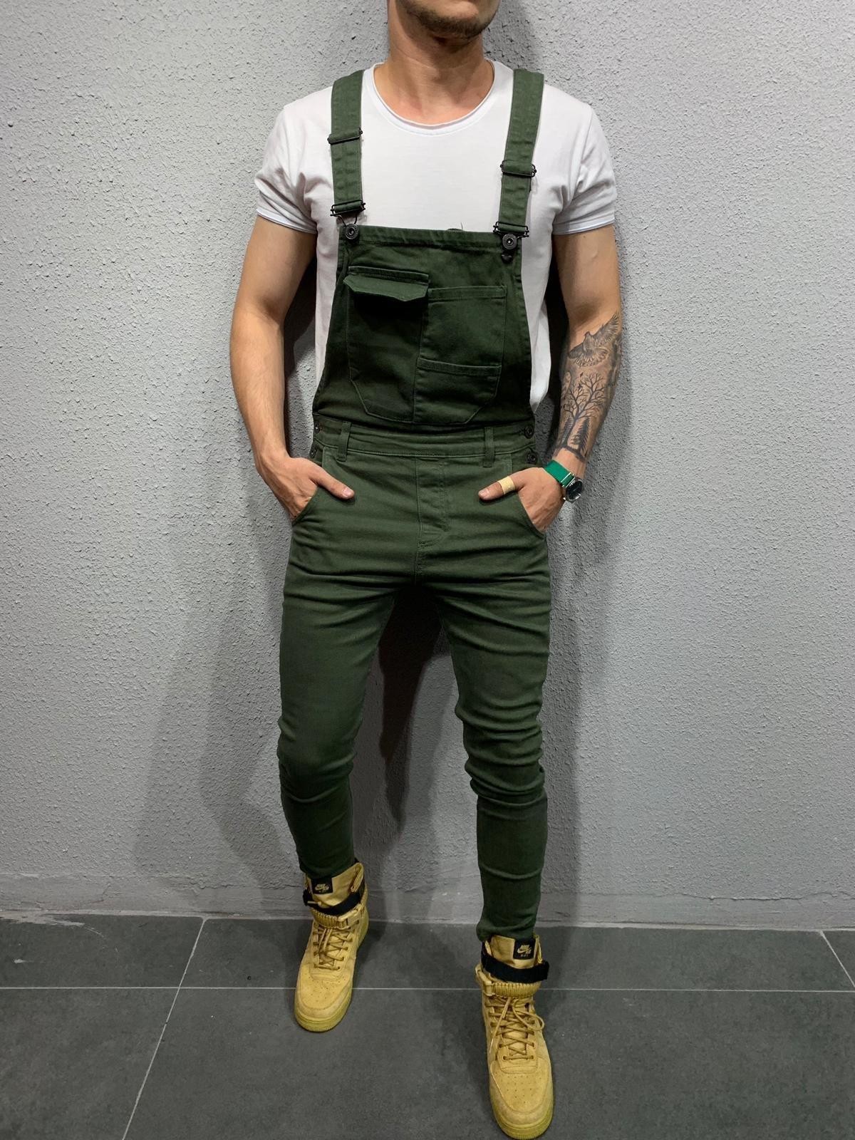 Men’s Denim Dungaree Bib Overalls Jumpsuits Moto Biker Jeans Pants