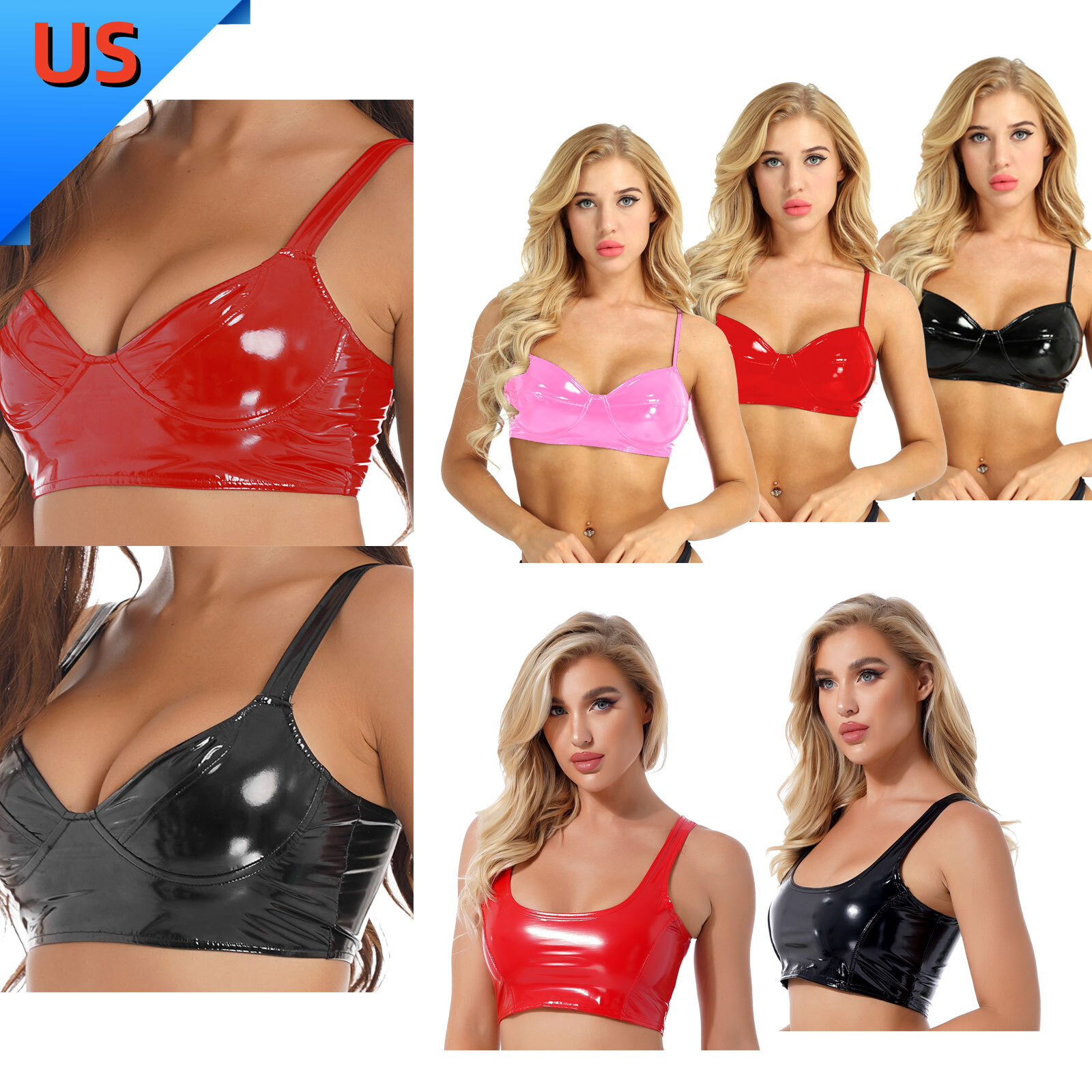 US Woman’s Wet Look PVC Push Up Bra Top Patent Leather Bustier Bralette Clubwear
