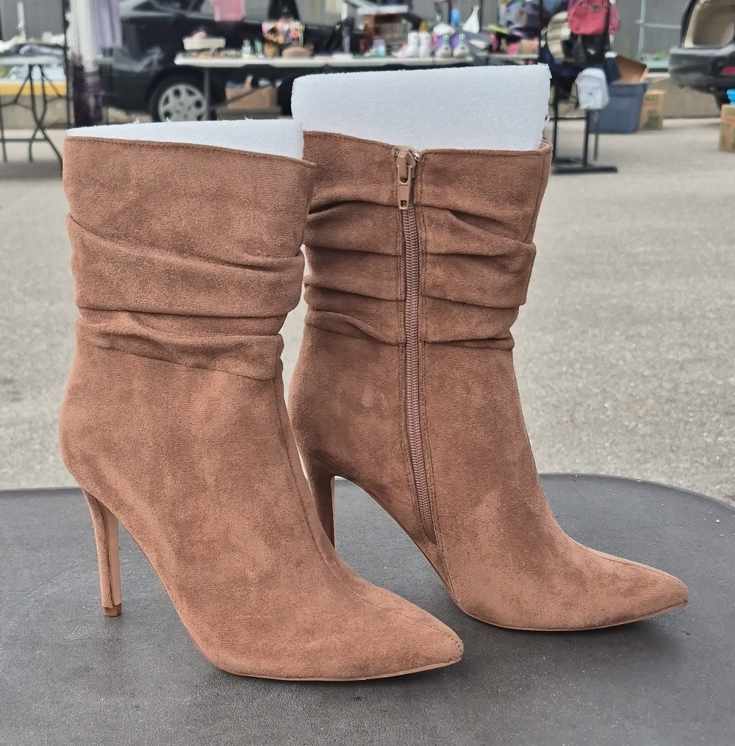 Women’s Brown Faux Suede Mid-Calf Pointed Toe Stiletto Booties, Zip, 7