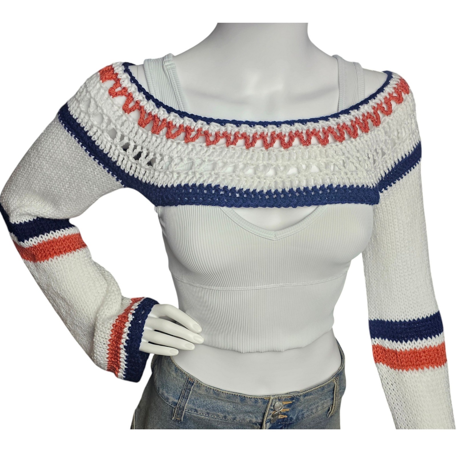 Handmade Crochet Knit Bolero Shrug, White Navy Orange Festival Top Bell Sleeve