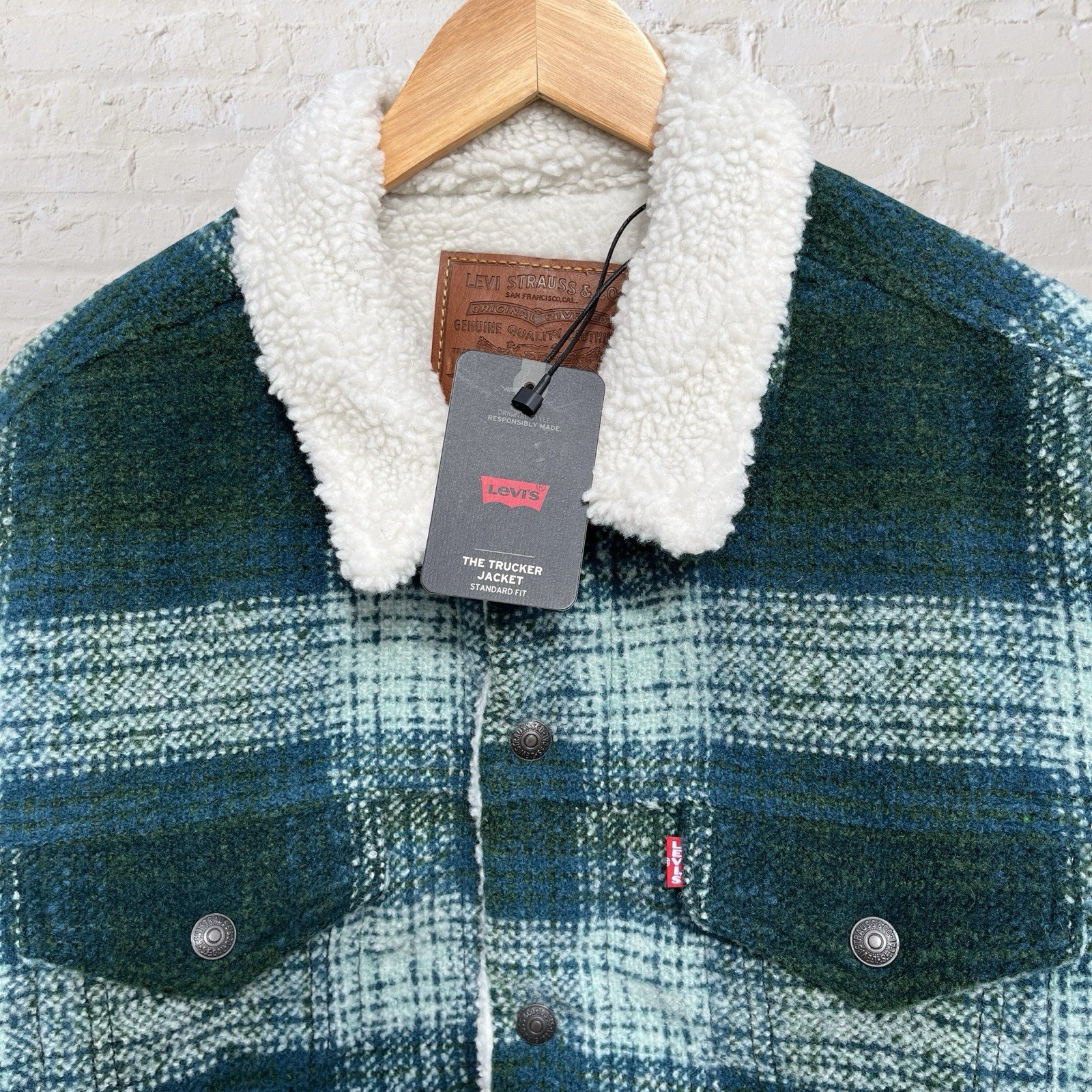 Levi’s Sherpa Lined Trucker Jacket Premium Green Plaid Wool Blend Big E