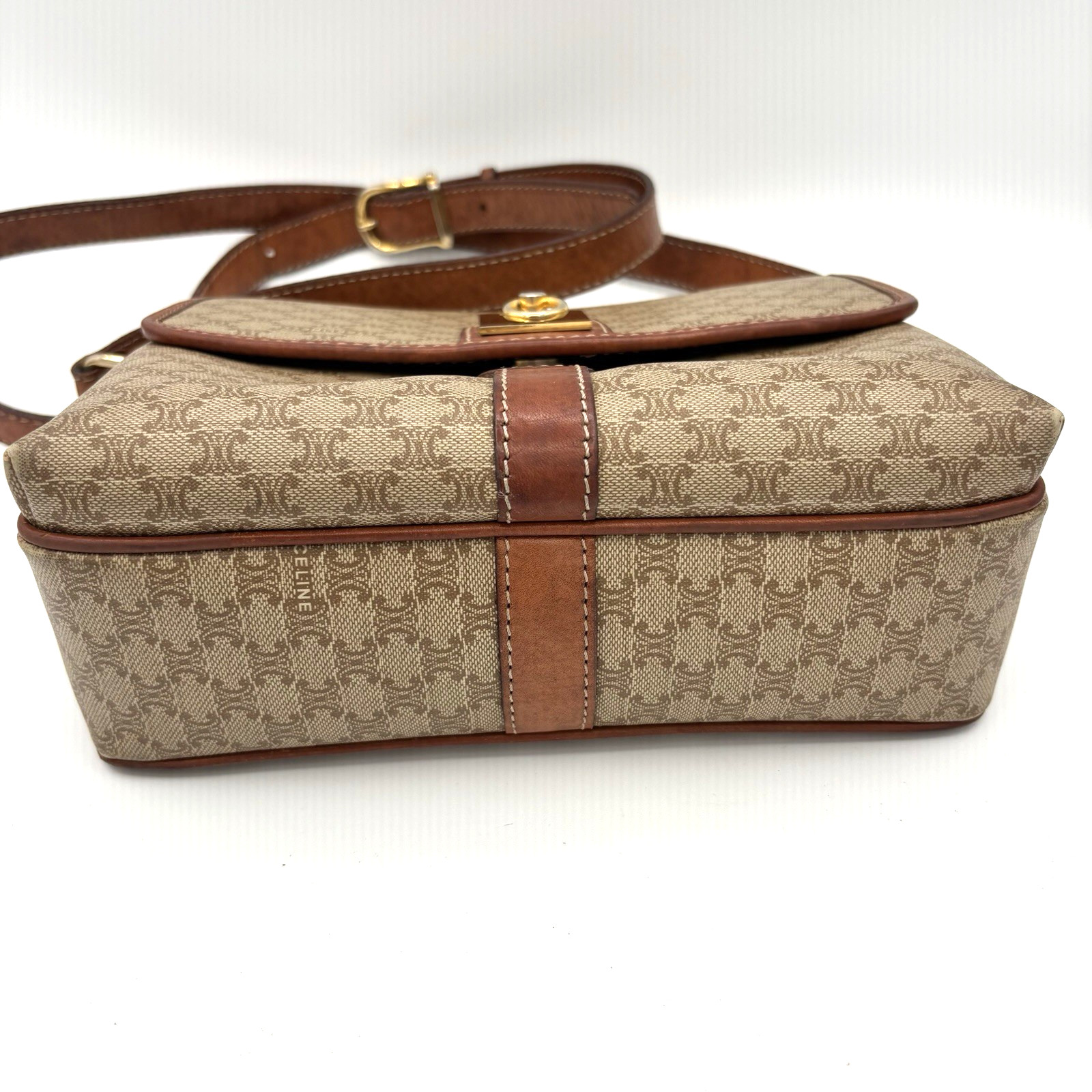 CELINE Macadam Canvas Shoulder Bag PVC Beige Gold Authentic 0046