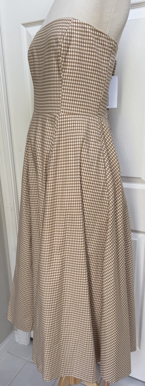 $278 NWT Reformation SZ 10 Strapless Astoria Dress Camel Ivory Anzo Check Tulle