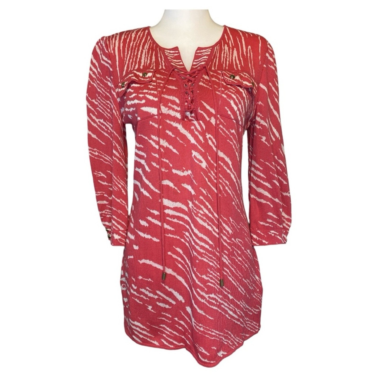 Ming Wang Pink & White Tiger Print Tunic Size XS Lace-up Neckline Resort Mature