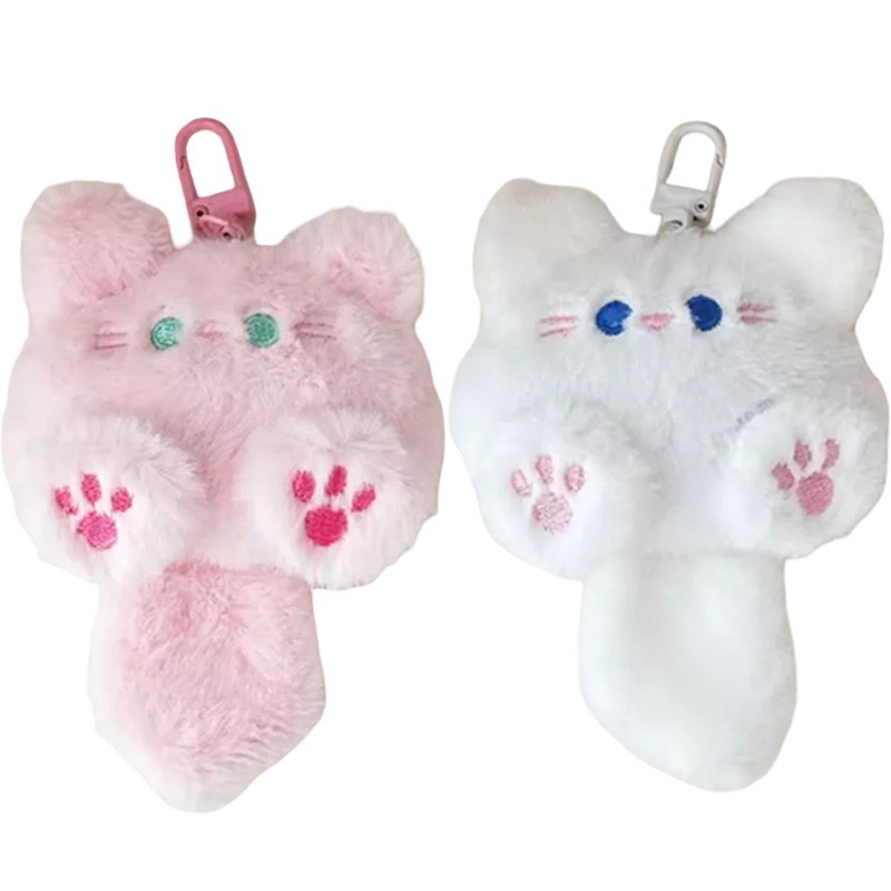 Plush Cat Keychain Bag Charm Pendant for Girl Purse Backpack White Pink 11cm