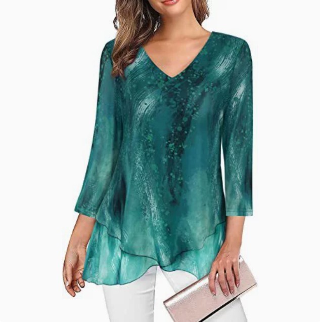 Women’s Asymmetrical Hem Mesh Blouse 3/4 Sleeve V Neck Tunic