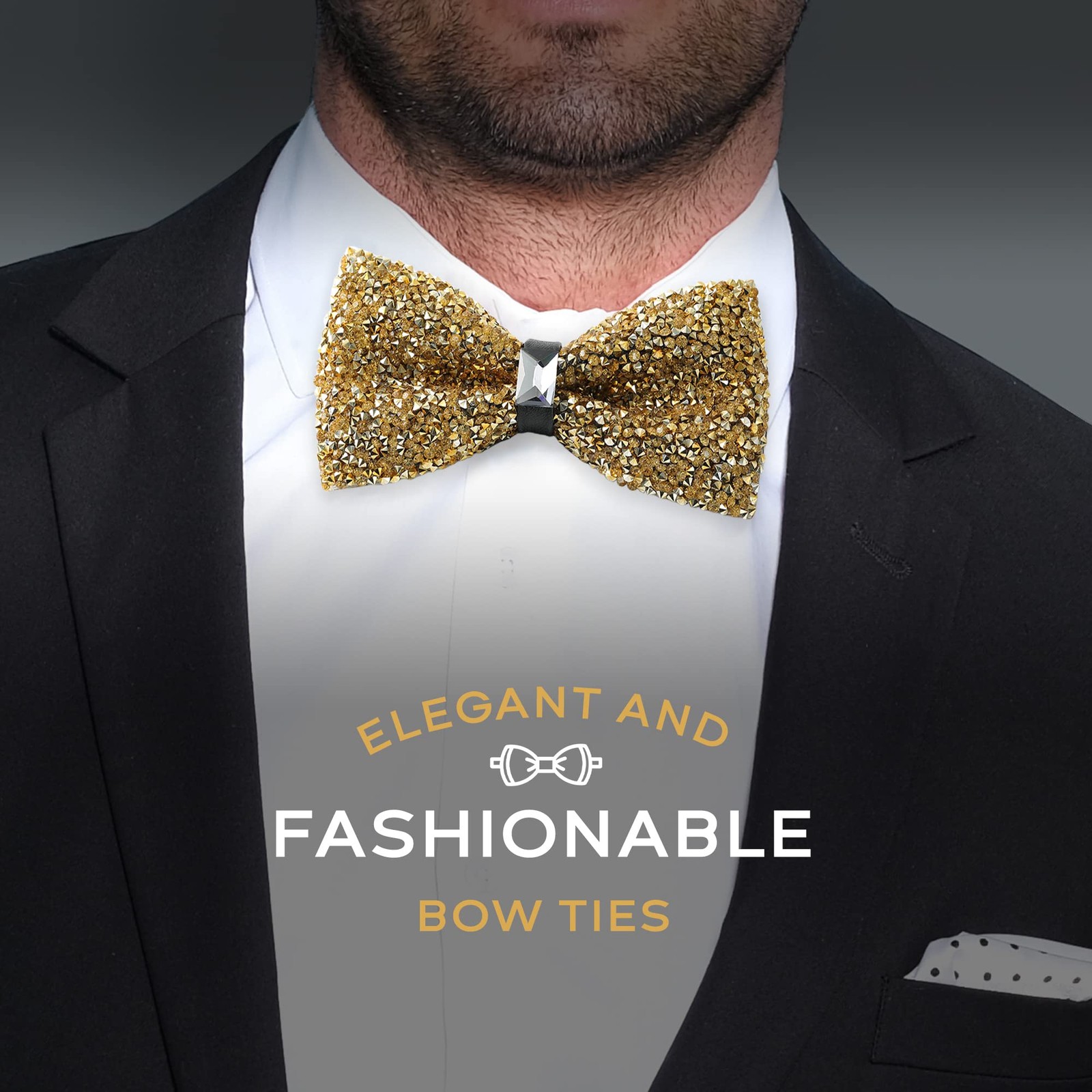 Gold Rhinestone Diamond Bow Tie – Pre Tied Sequin Bowties Length