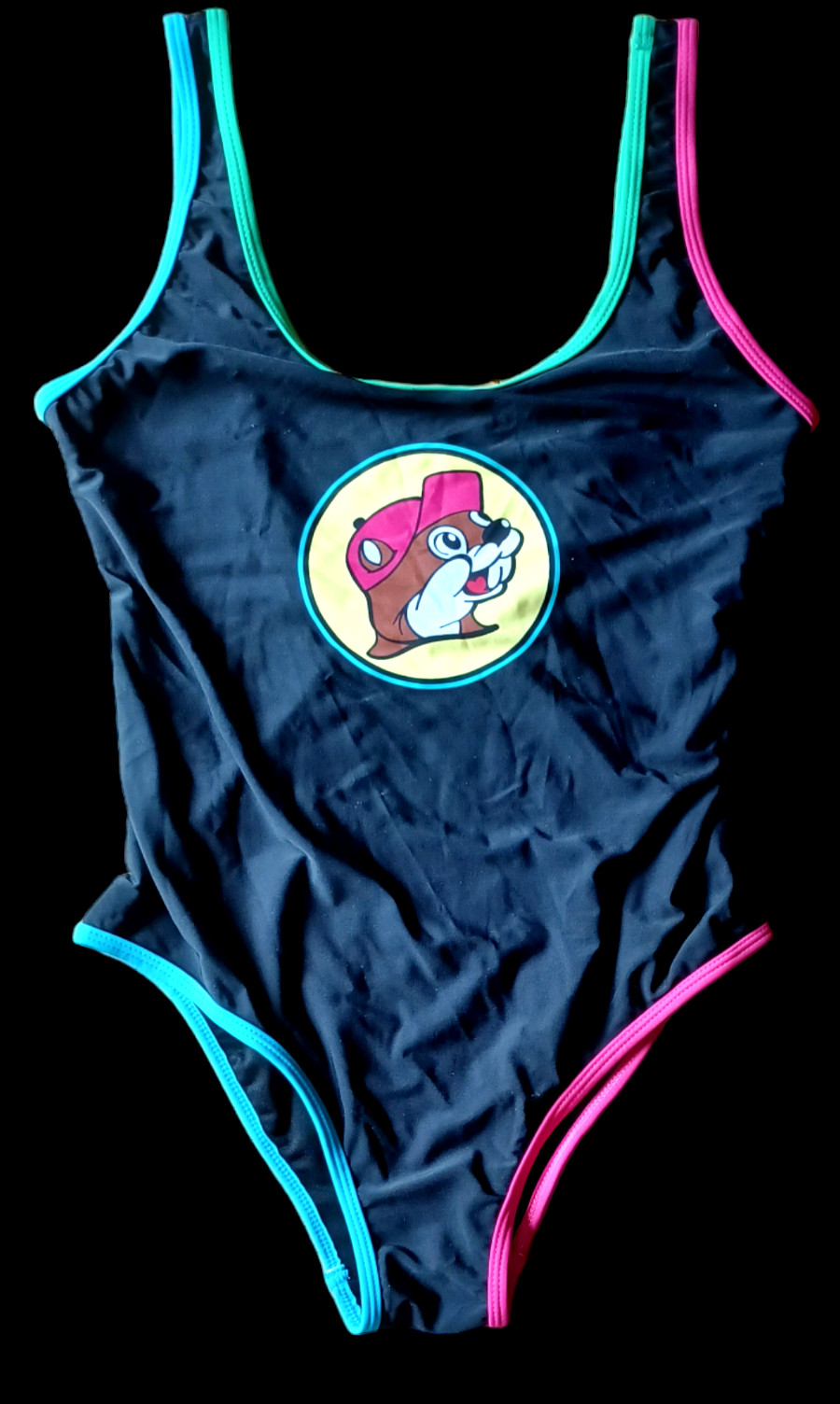 NWT Buc-ee’s Women’s Swimsuit M Black One-Piece Neon Piping Beaver Logo – New!