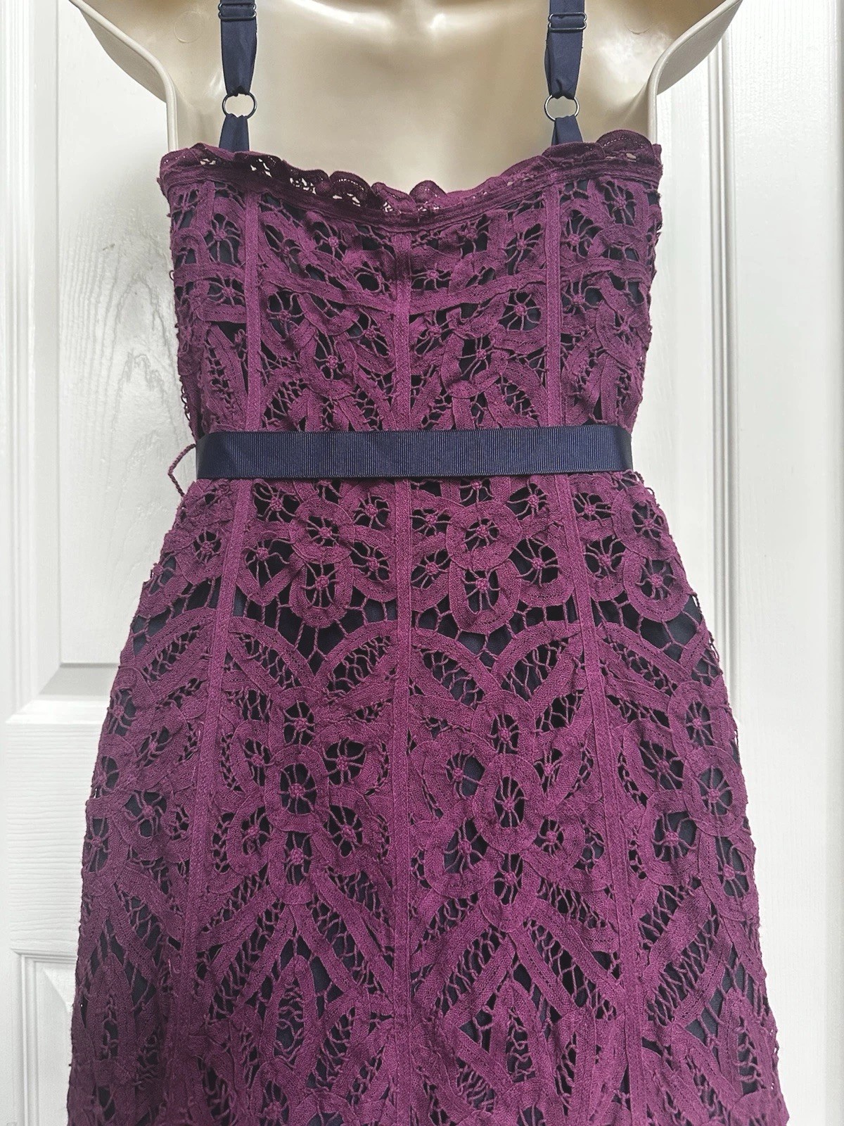 Betsey Johnson 1990s SZ 4 Purple Crochet Lace Overlay Over Navy Silk Navy Trim