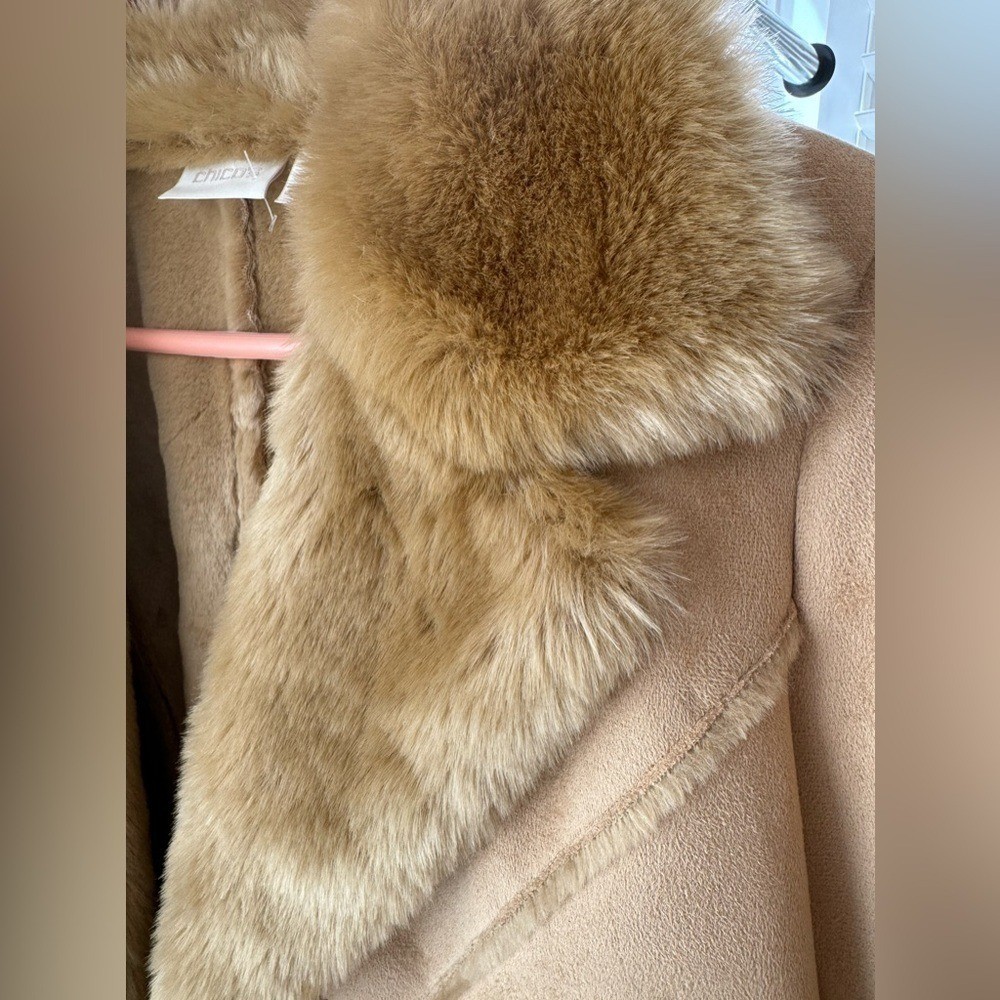 NWOT Chicos Faux Suede and Shearling Fur Collar Penny Lane Camel Coat Size Small