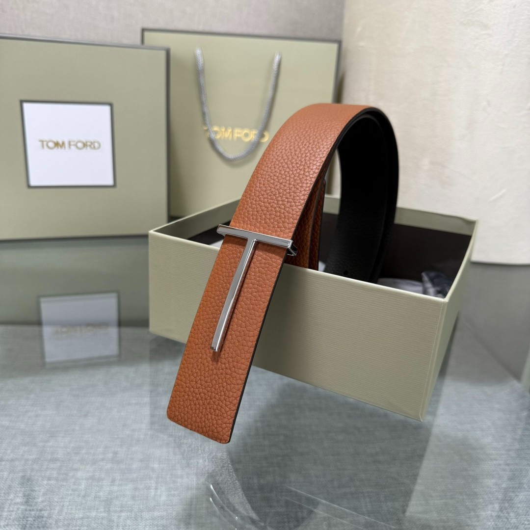 Tom Ford Belt T-Buckle Reversible Brown/Black Calfskin Leather Belt