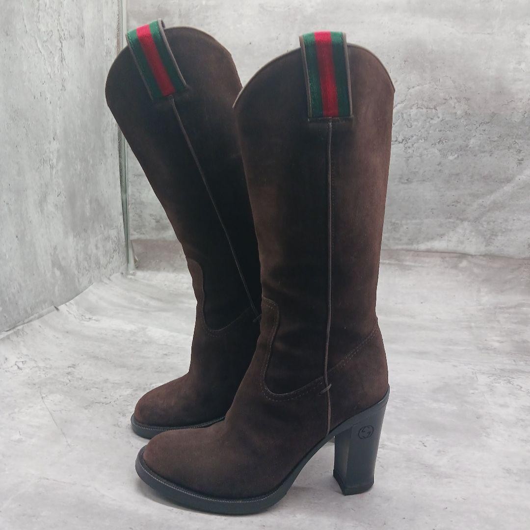 Gucci Sherry Line Suede Long Boots Brown Size 35C (22.5cm) Heel 9.7cm 061153d