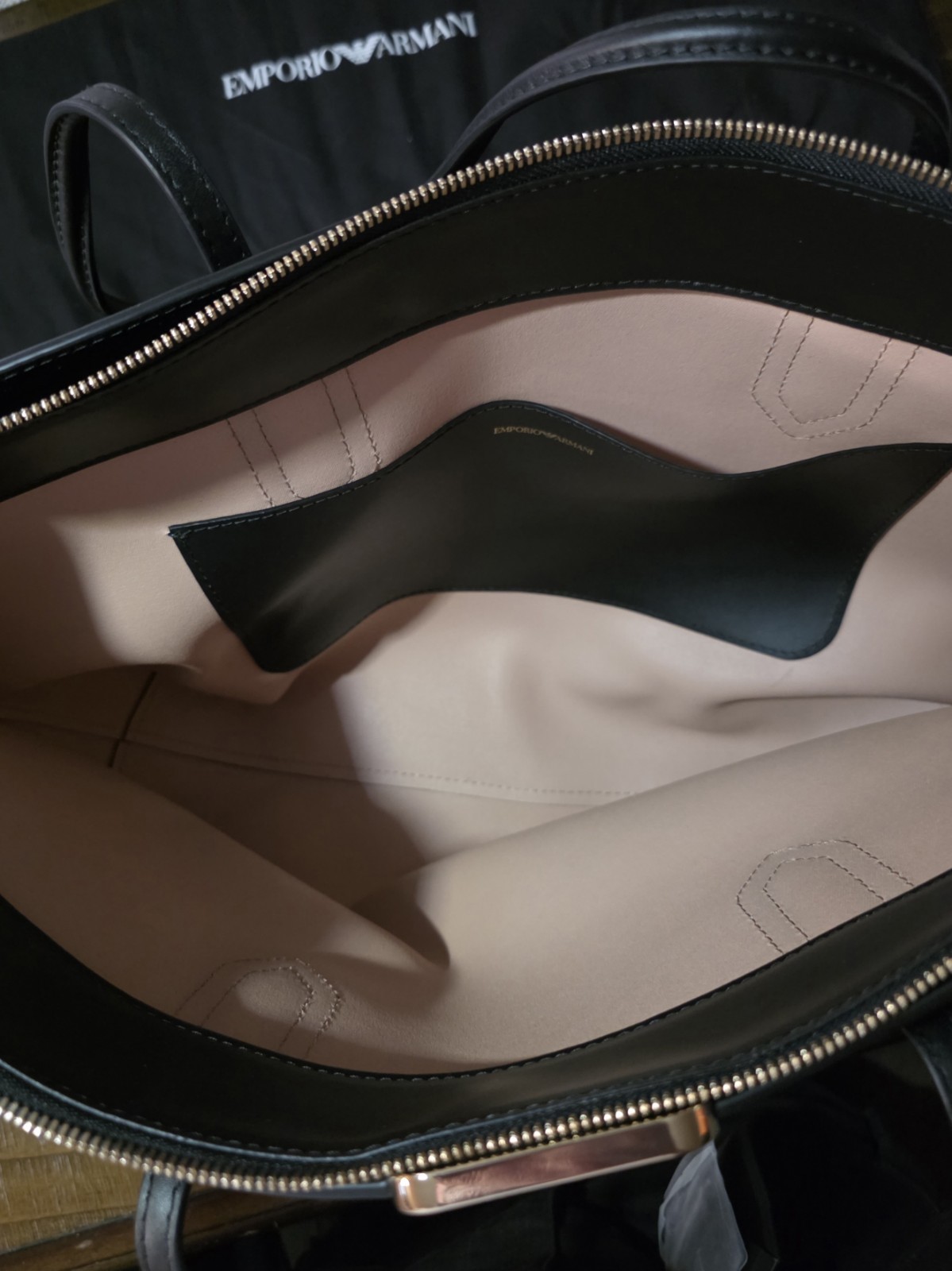 Emporio Armani Black Large Tote Bag, Zip, Gold Hardware, Dust Bag, Card