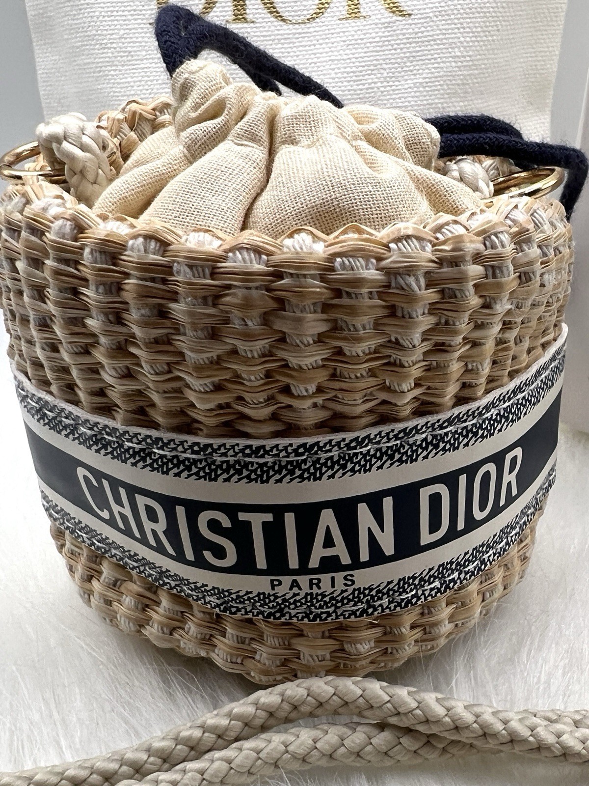 Christian Dior Mini Bucket Bag Straw Raffia Pouch VIP Novelty GWP Duster Box