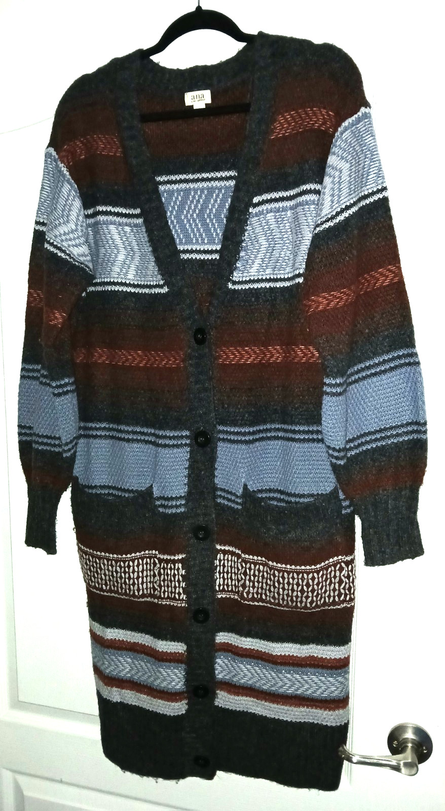 A.N.A. L Multicolor Striped Embroidered Long Cardigan Sweater Pockets Button Up