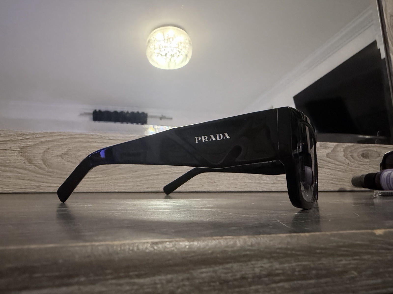 PRADA UNISEX Rectangle Designer Sunglasses Black Plastic Frame Gray Tinted