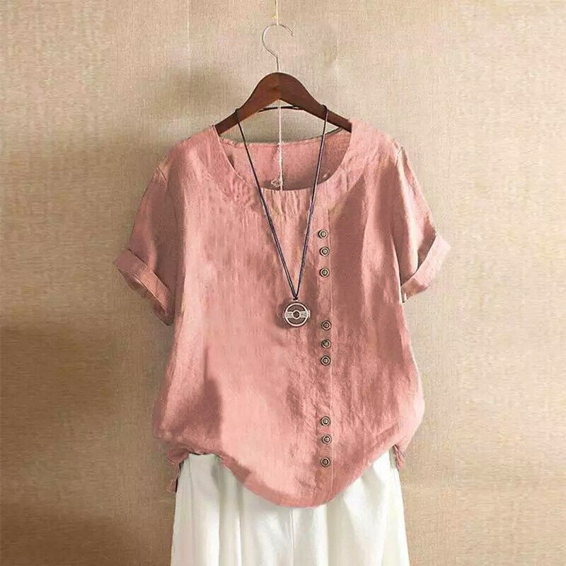 Summer Womens Cotton Linen Tunic Blouse Tops Short Sleeve Shirt Casual