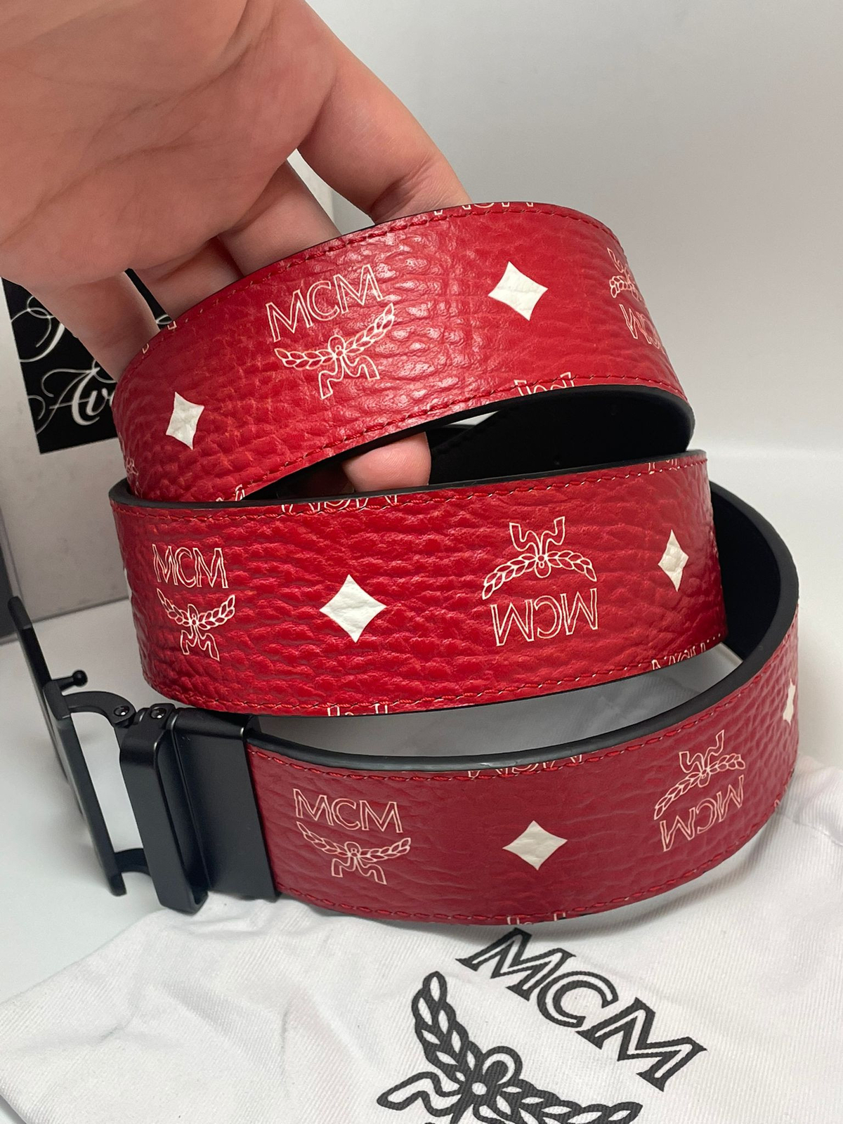 Authentic MCM Red Reversible Leather Belt with shopping bag