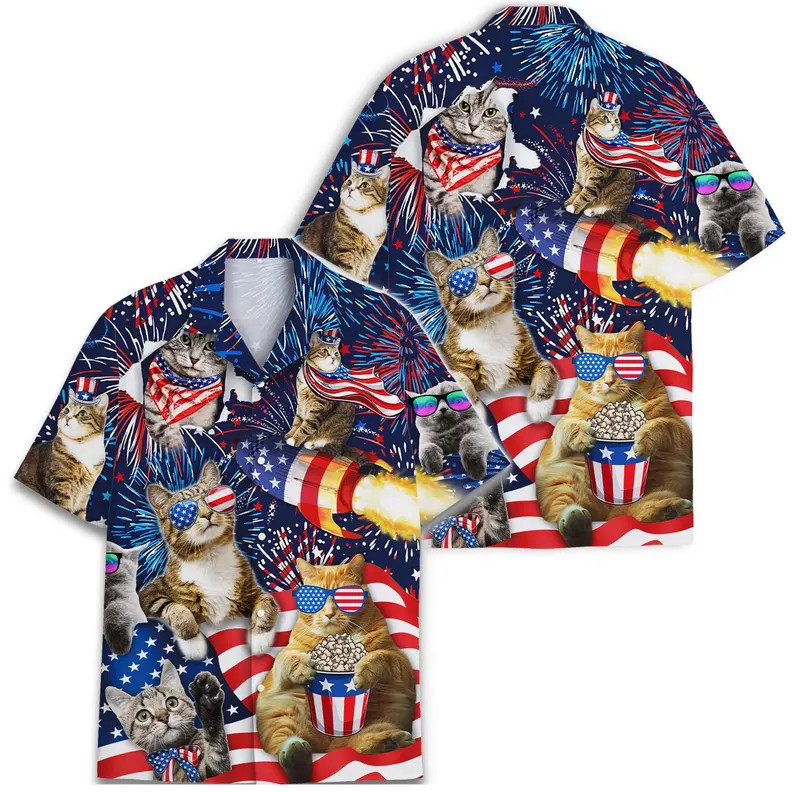 Funny Cat Hawaiian Shirt: Patriotic USA 4th Of July, Short Sleeve