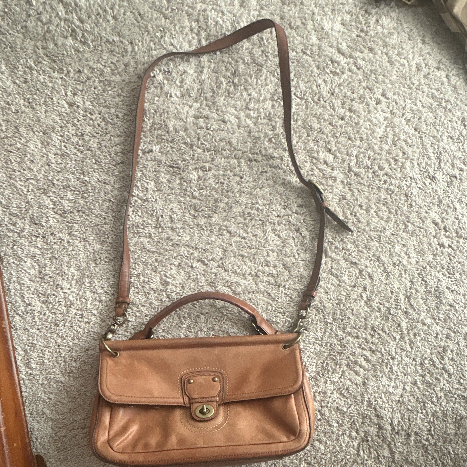 Coach Women’s Brown Legacy Satchel, Turnlock & Zip, Crossbody Strap, Charm