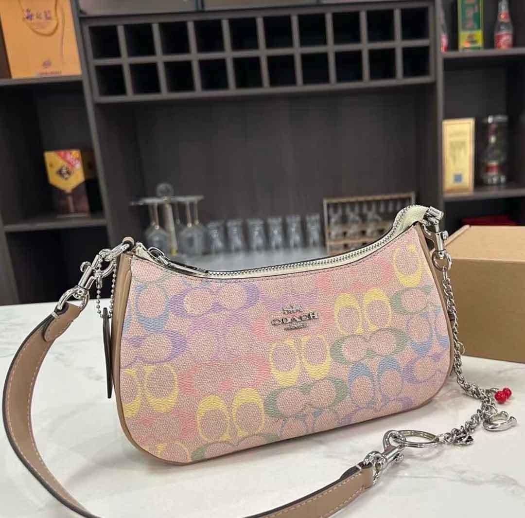 COACH Teri Shoulder Bag In Rainbow Signature Canvas & Leather CDA91 Silver/Sand